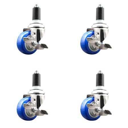 Service Caster 3 Inch 316SS Blue Poly Swivel 1-3/8 Inch Expanding Stem Caster Set Brake SCC SCC-SS316EX20S314-PPUBBLUE-TLB-138-4